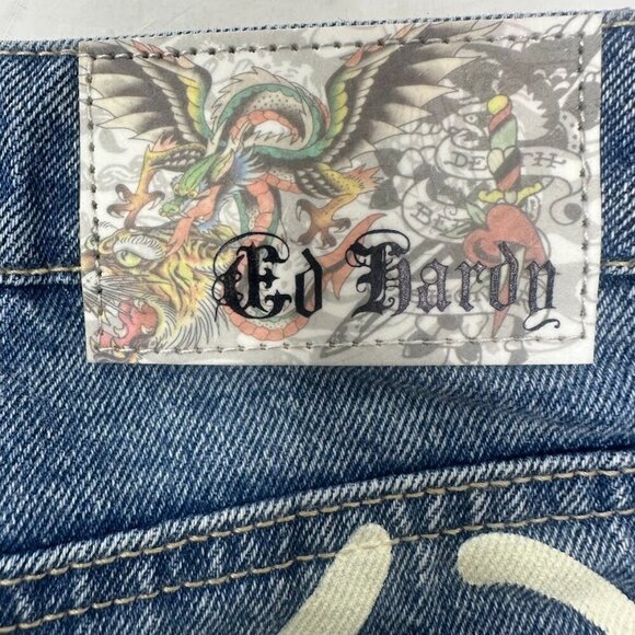 New Ed Hardy Tattoo Denim Jean Mini Skirt Size M Y2K Streetwear Edgy Grunge Punk - Picture 14 of 16
